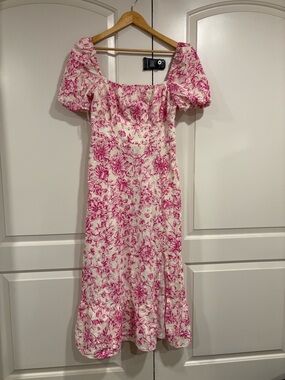 London Times Pink and Cream Floral Puff-Sleeve Midi Dress